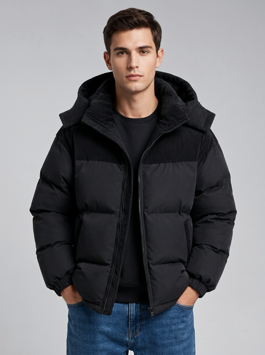 George | Men’s Hooded Puffer Jacket | Front Zip Contrast Shoulder Panels Everyday Wear - black, front view, image 01 - Glorysoul