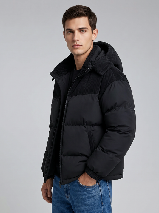 George | Men’s Hooded Puffer Jacket | Front Zip Contrast Shoulder Panels Everyday Wear - black, back view, image 02 - Glorysoul