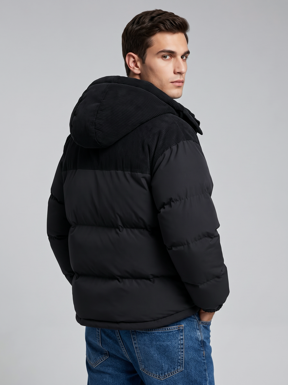 George | Men’s Hooded Puffer Jacket | Front Zip Contrast Shoulder Panels Everyday Wear - black, side view, image 03 - Glorysoul
