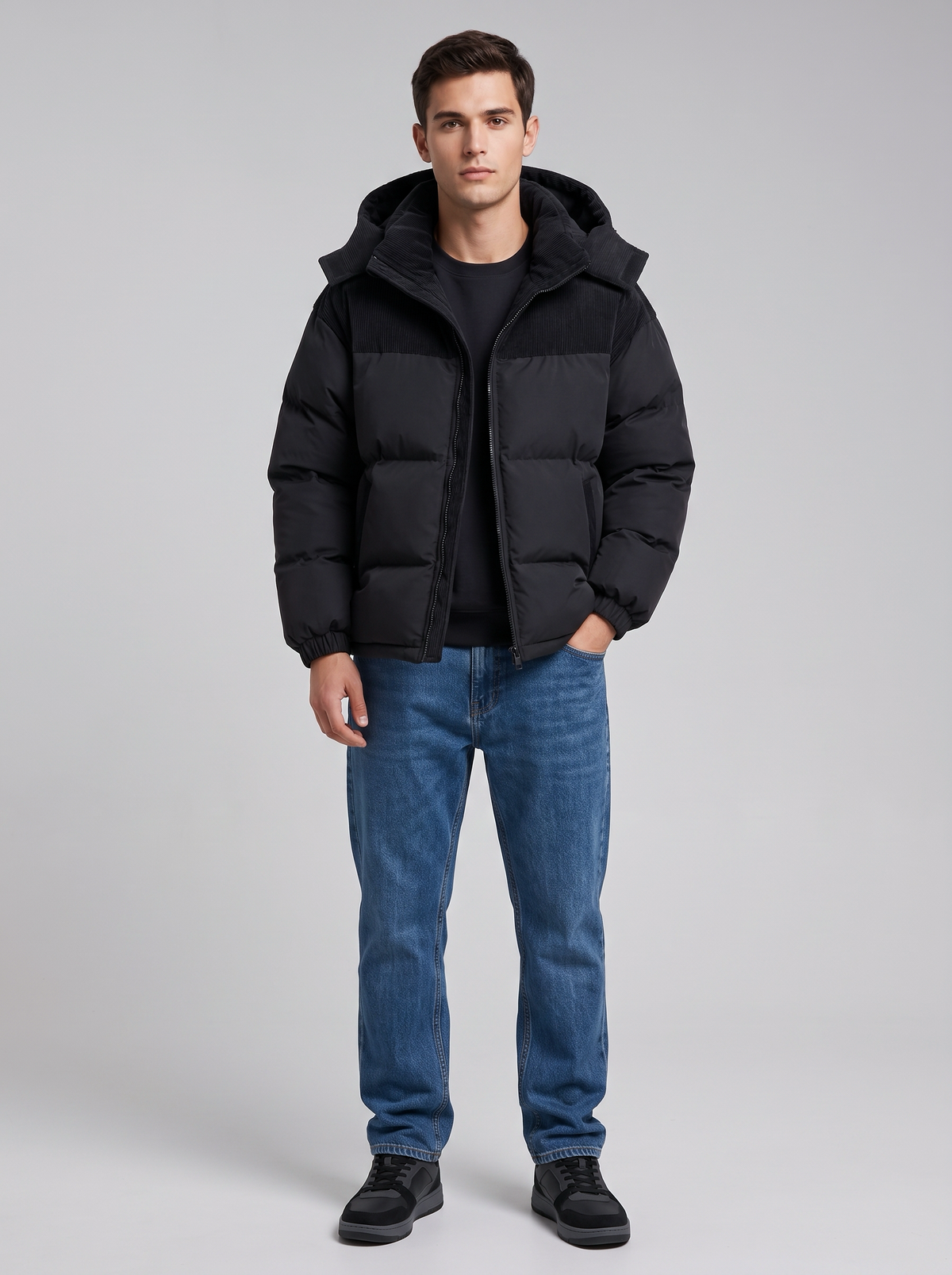 George | Men’s Hooded Puffer Jacket | Front Zip Contrast Shoulder Panels Everyday Wear - black, full-length view, image 04 - Glorysoul