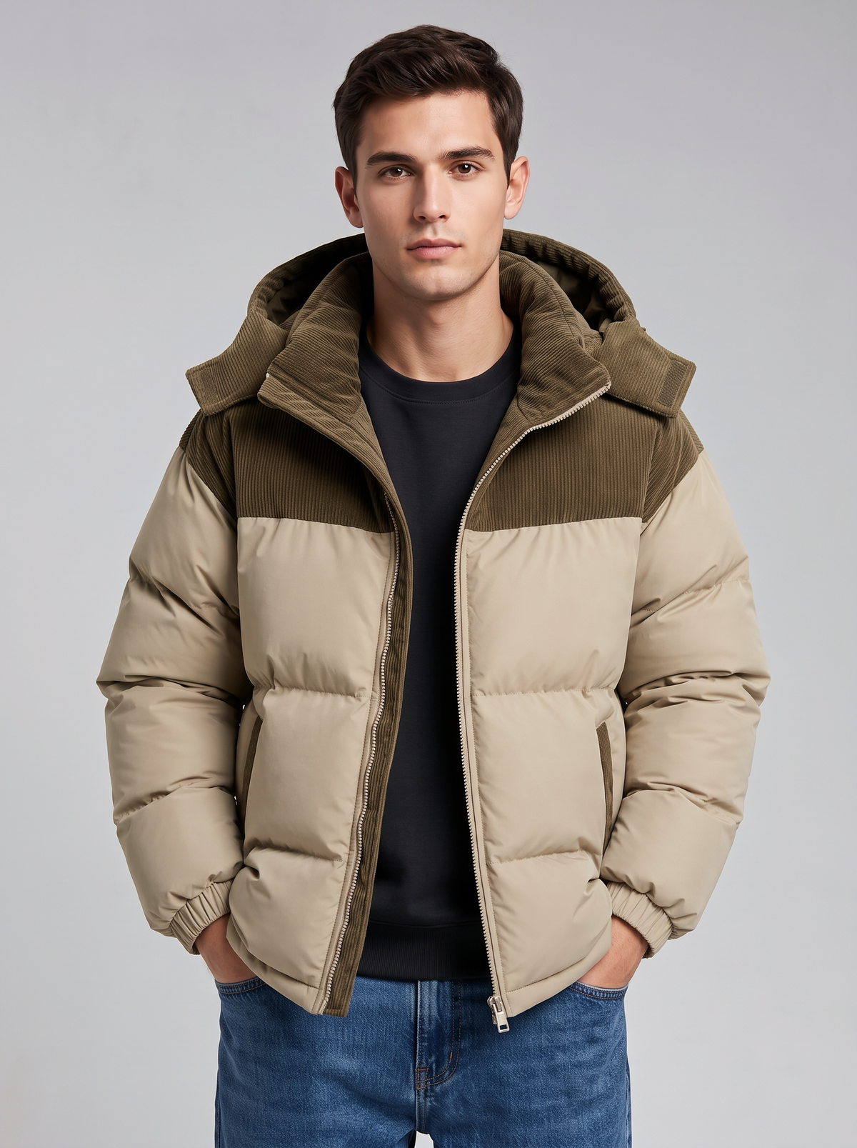 George | Men’s Hooded Puffer Jacket | Front Zip Contrast Shoulder Panels Everyday Wear - khaki, front view, image 05 - Glorysoul