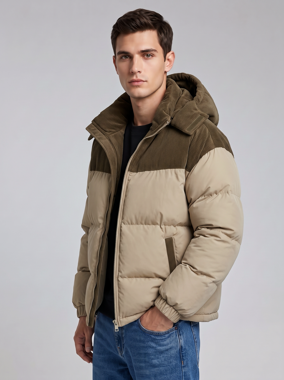 George | Men’s Hooded Puffer Jacket | Front Zip Contrast Shoulder Panels Everyday Wear - khaki, side view, image 06 - Glorysoul