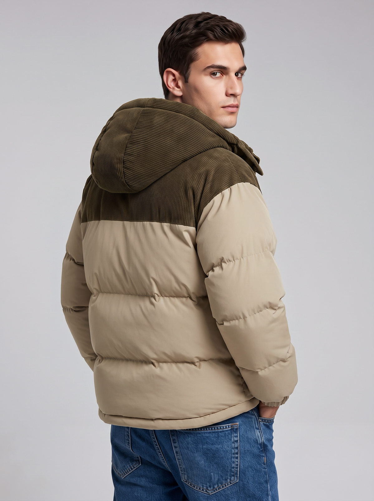 George | Men’s Hooded Puffer Jacket | Front Zip Contrast Shoulder Panels Everyday Wear - khaki, back view, image 07 - Glorysoul