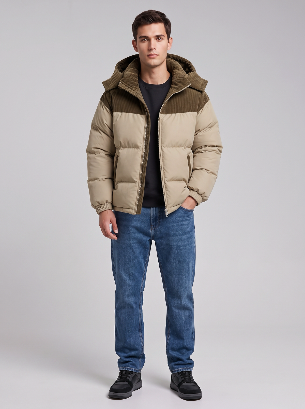 George | Men’s Hooded Puffer Jacket | Front Zip Contrast Shoulder Panels Everyday Wear - khaki, full-length view, image 08 - Glorysoul
