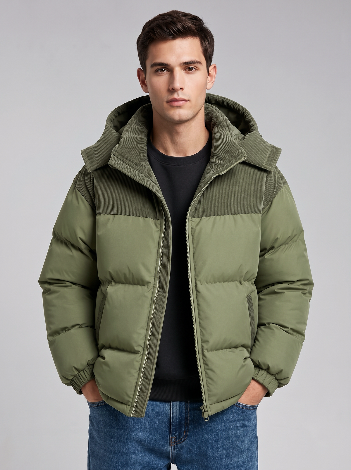 George | Men’s Hooded Puffer Jacket | Front Zip Contrast Shoulder Panels Everyday Wear - forest green, front view, image 09 - Glorysoul