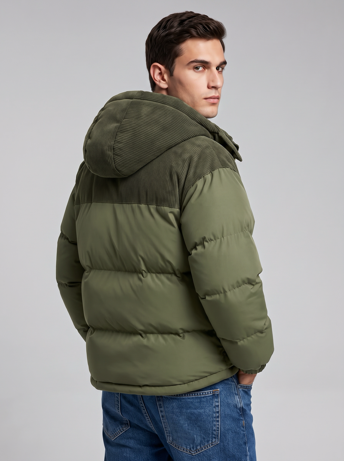 George | Men’s Hooded Puffer Jacket | Front Zip Contrast Shoulder Panels Everyday Wear - forest green, back view, image 10 - Glorysoul