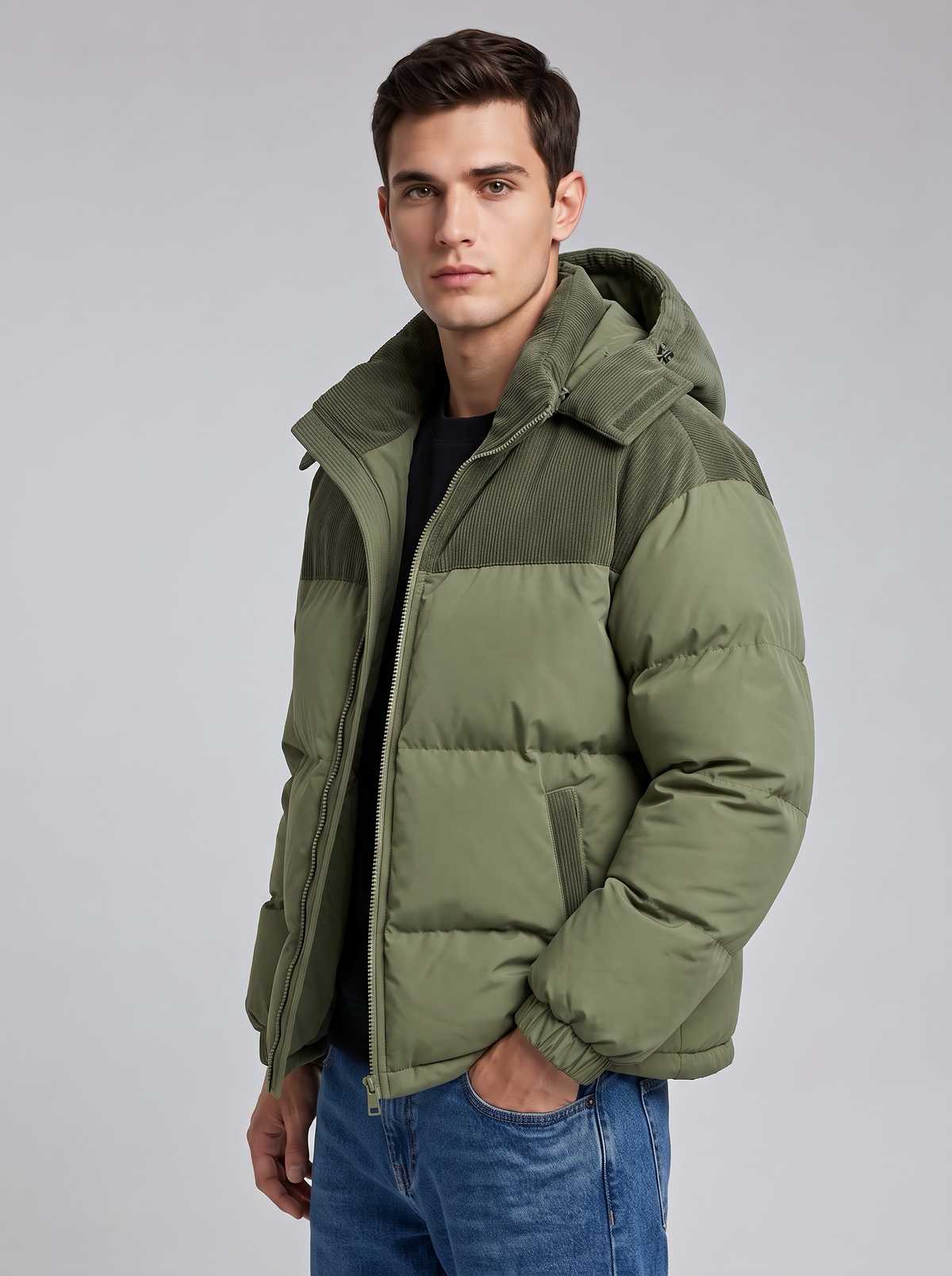 George | Men’s Hooded Puffer Jacket | Front Zip Contrast Shoulder Panels Everyday Wear - forest green, side view, image 11 - Glorysoul