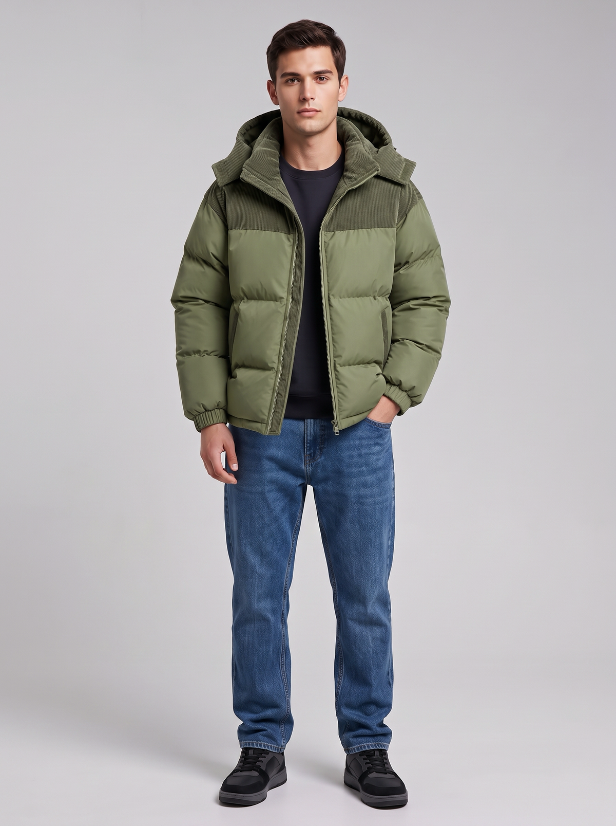 George | Men’s Hooded Puffer Jacket | Front Zip Contrast Shoulder Panels Everyday Wear - forest green, full-length view, image 12 - Glorysoul