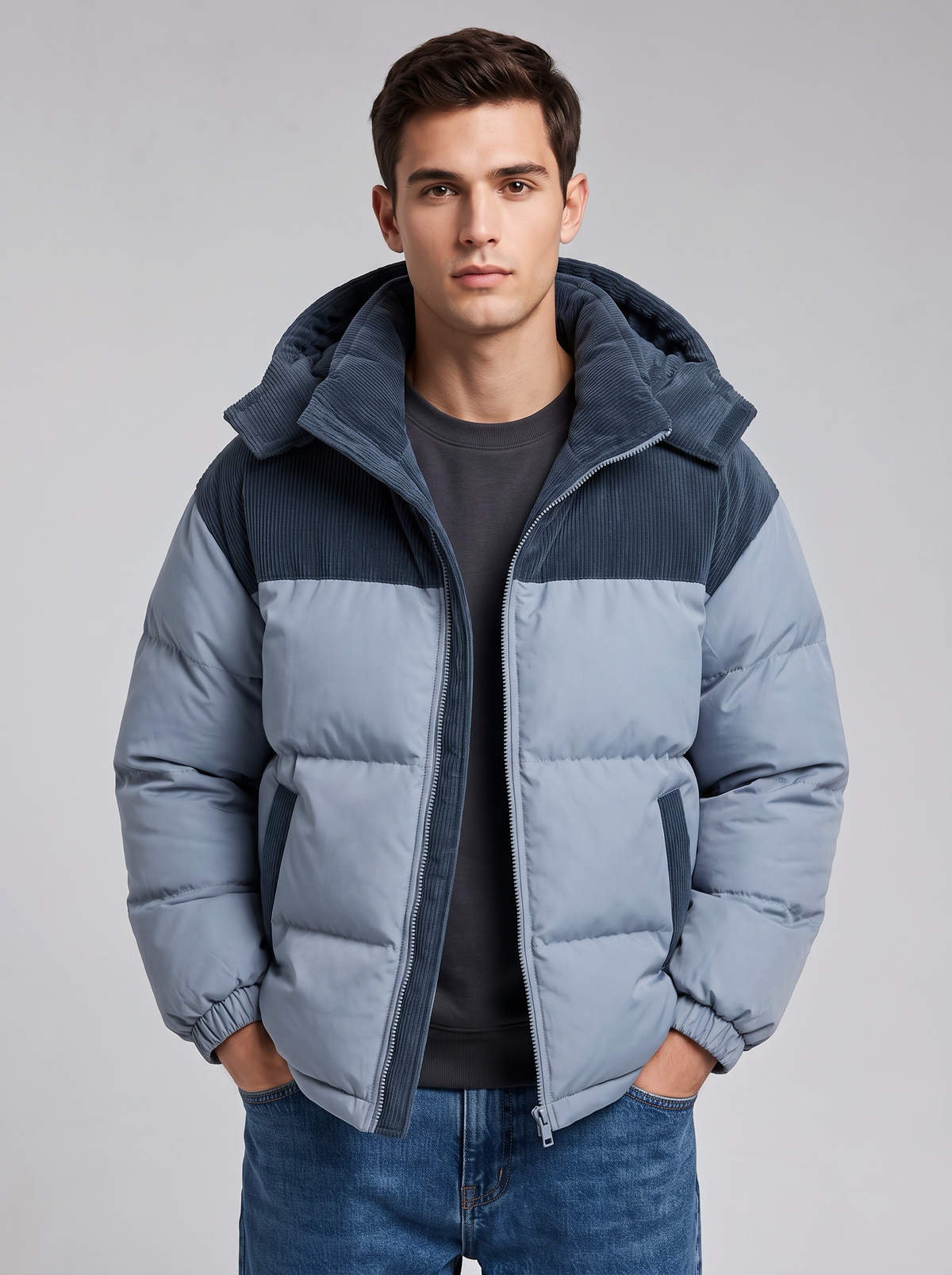 George | Men’s Hooded Puffer Jacket | Front Zip Contrast Shoulder Panels Everyday Wear - ice blue, front view, image 13 - Glorysoul