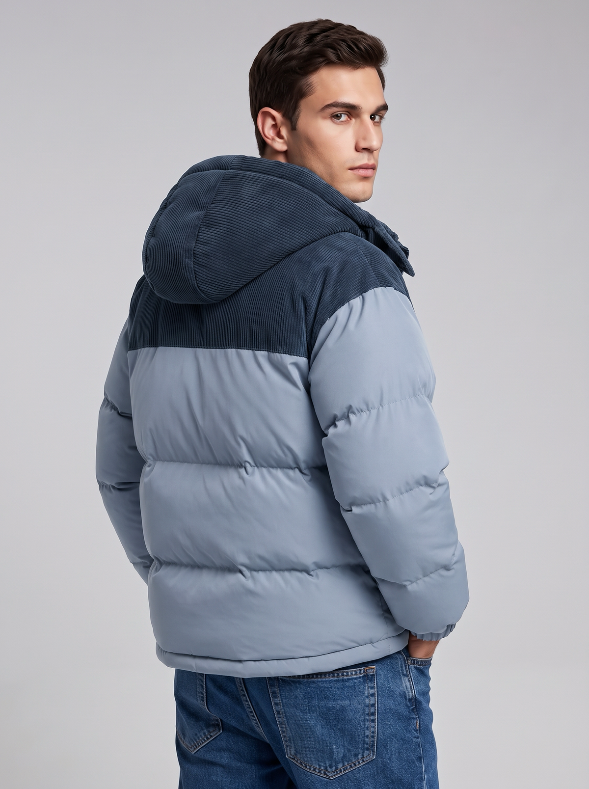 George | Men’s Hooded Puffer Jacket | Front Zip Contrast Shoulder Panels Everyday Wear - ice blue, back view, image 14 - Glorysoul