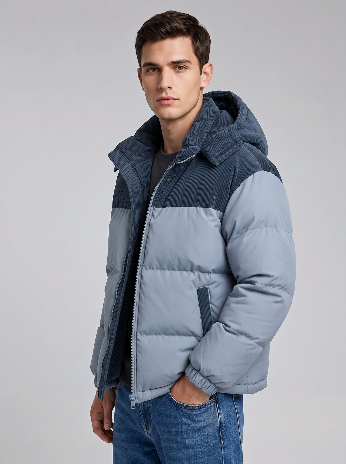 George | Men’s Hooded Puffer Jacket | Front Zip Contrast Shoulder Panels Everyday Wear - ice blue, side view, image 15 - Glorysoul