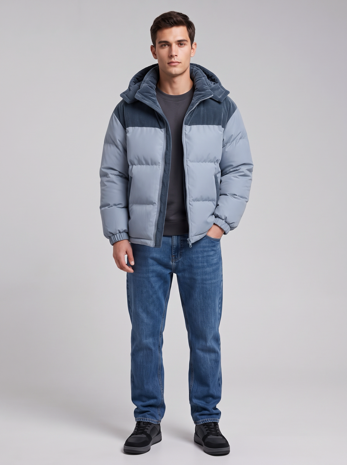 George | Men’s Hooded Puffer Jacket | Front Zip Contrast Shoulder Panels Everyday Wear - ice blue, full-length view, image 16 - Glorysoul