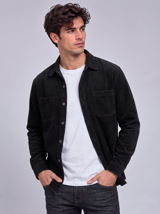 Harry | Men’s Button-Front Overshirt | Point Collar Chest Pockets Everyday Wear - black, image 01 - Glorysoul