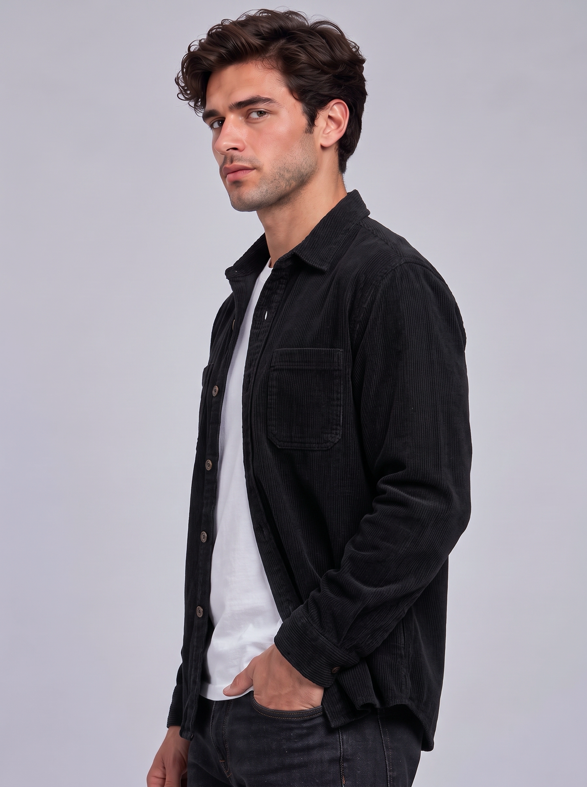Harry | Men’s Button-Front Overshirt | Point Collar Chest Pockets Everyday Wear - black, image 03 - Glorysoul