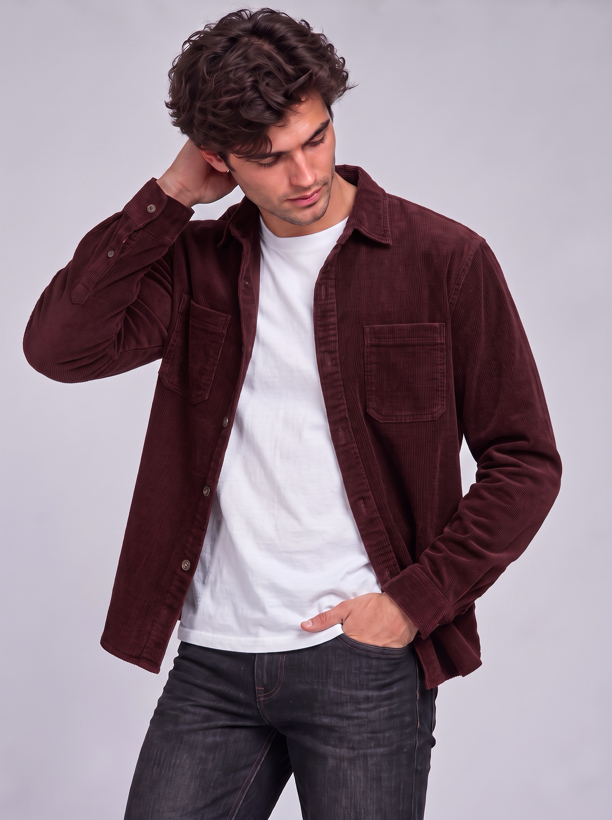 Harry | Men’s Button-Front Overshirt | Point Collar Chest Pockets Everyday Wear - dark red, image 14 - Glorysoul