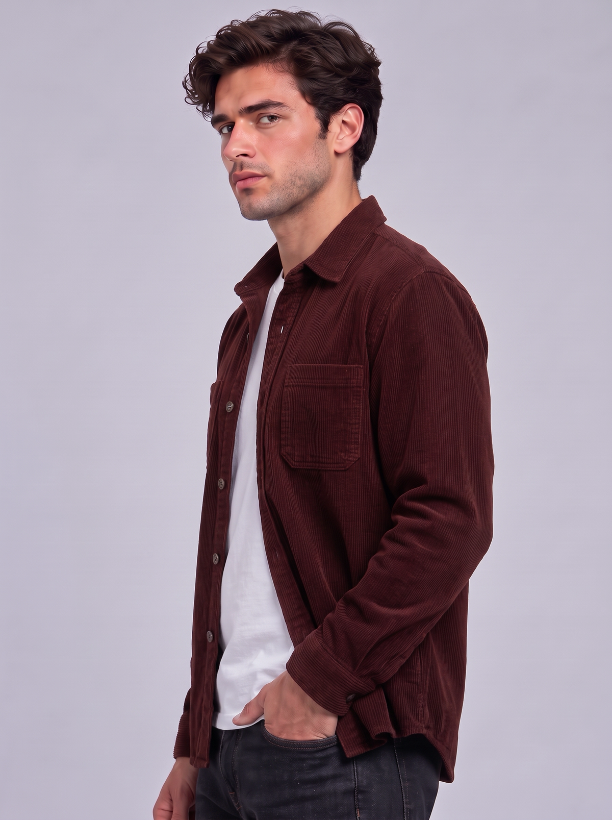 Harry | Men’s Button-Front Overshirt | Point Collar Chest Pockets Everyday Wear - dark red, image 15 - Glorysoul