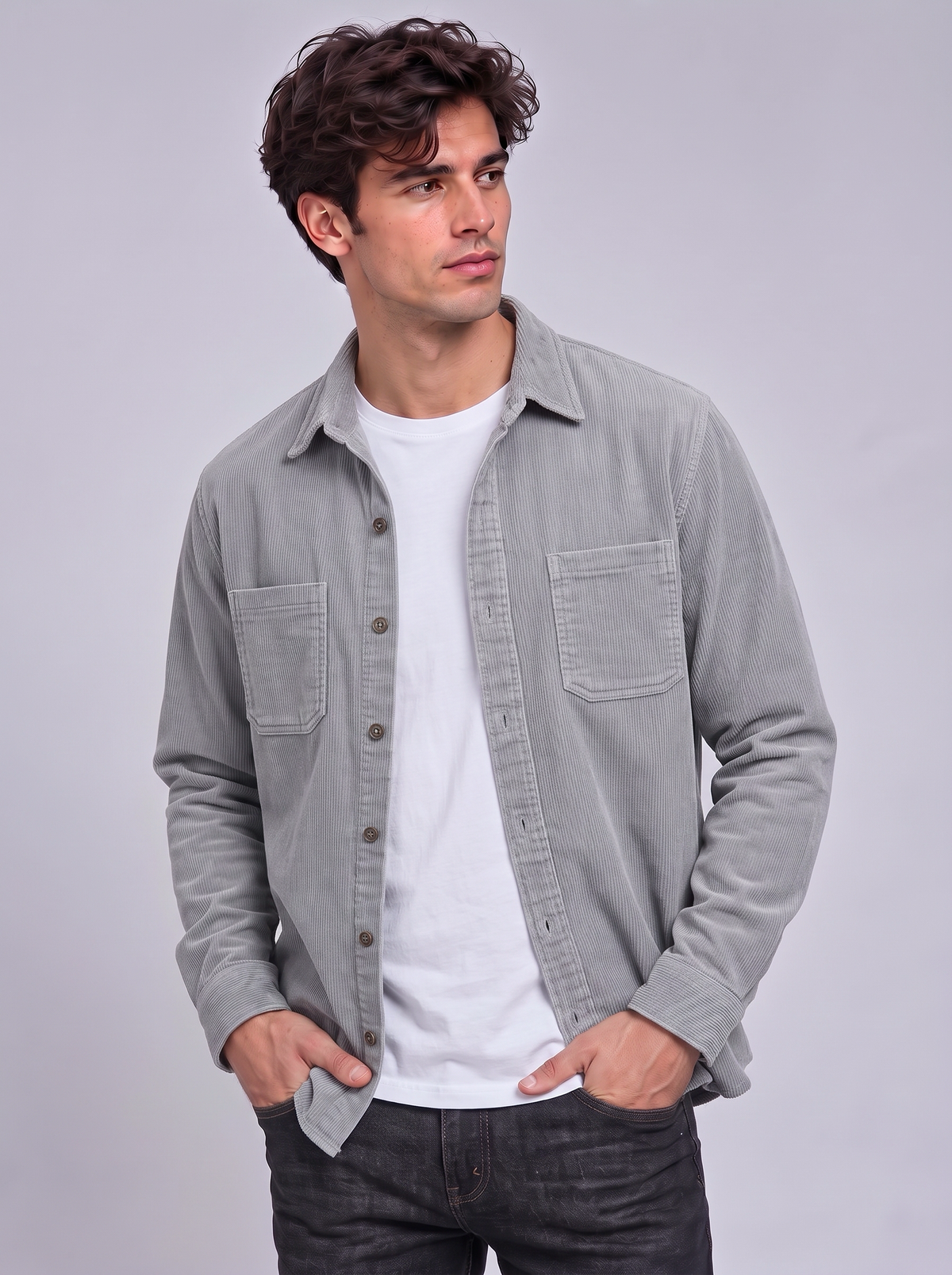 Harry | Men’s Button-Front Overshirt | Point Collar Chest Pockets Everyday Wear - grey, image 05 - Glorysoul