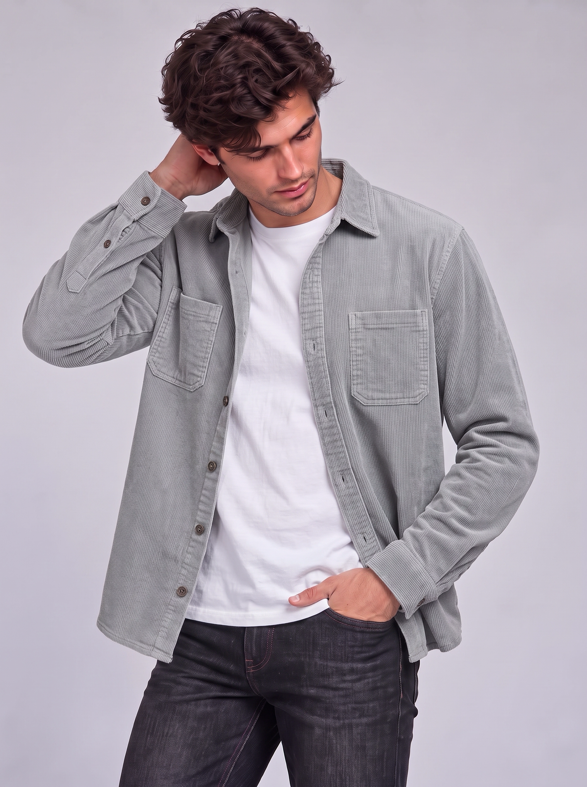 Harry | Men’s Button-Front Overshirt | Point Collar Chest Pockets Everyday Wear - grey, image 06 - Glorysoul