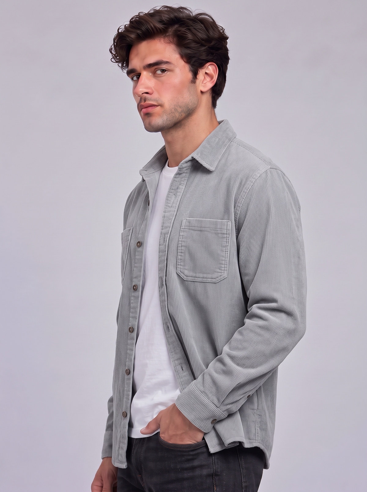 Harry | Men’s Button-Front Overshirt | Point Collar Chest Pockets Everyday Wear - grey, image 07 - Glorysoul
