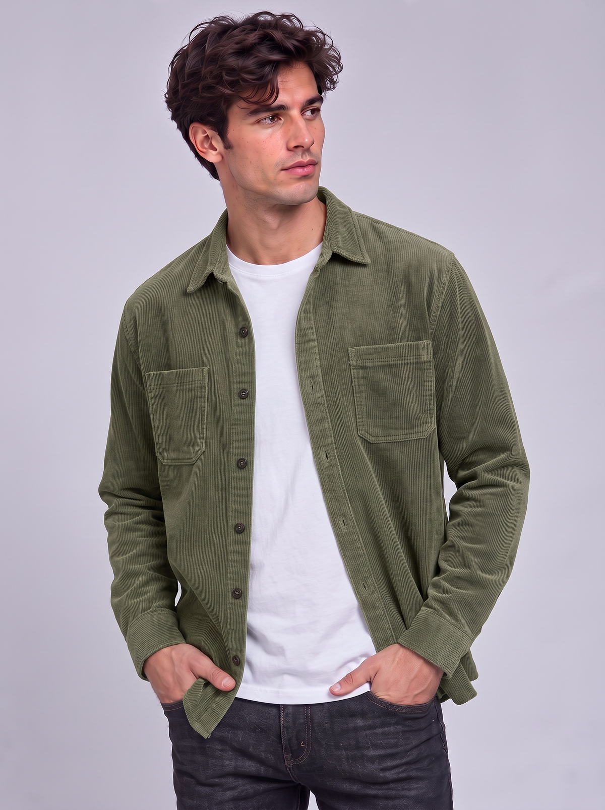 Harry | Men’s Button-Front Overshirt | Point Collar Chest Pockets Everyday Wear - military green, image 21 - Glorysoul
