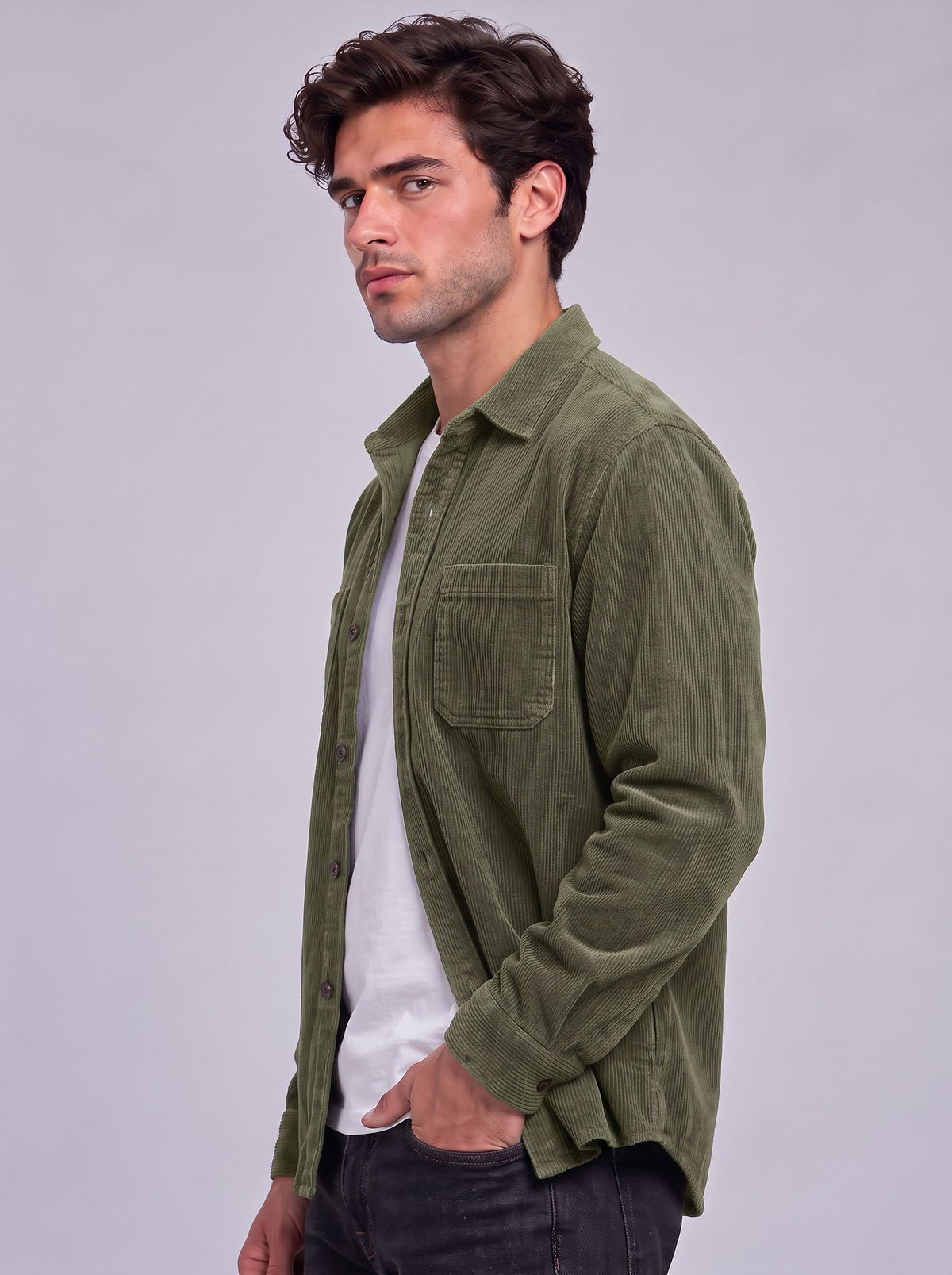 Harry | Men’s Button-Front Overshirt | Point Collar Chest Pockets Everyday Wear - military green, image 22 - Glorysoul