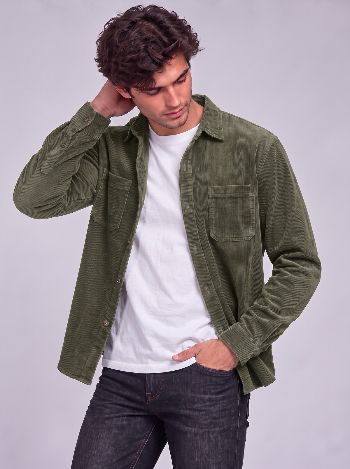 Harry | Men’s Button-Front Overshirt | Point Collar Chest Pockets Everyday Wear - military green, image 23 - Glorysoul