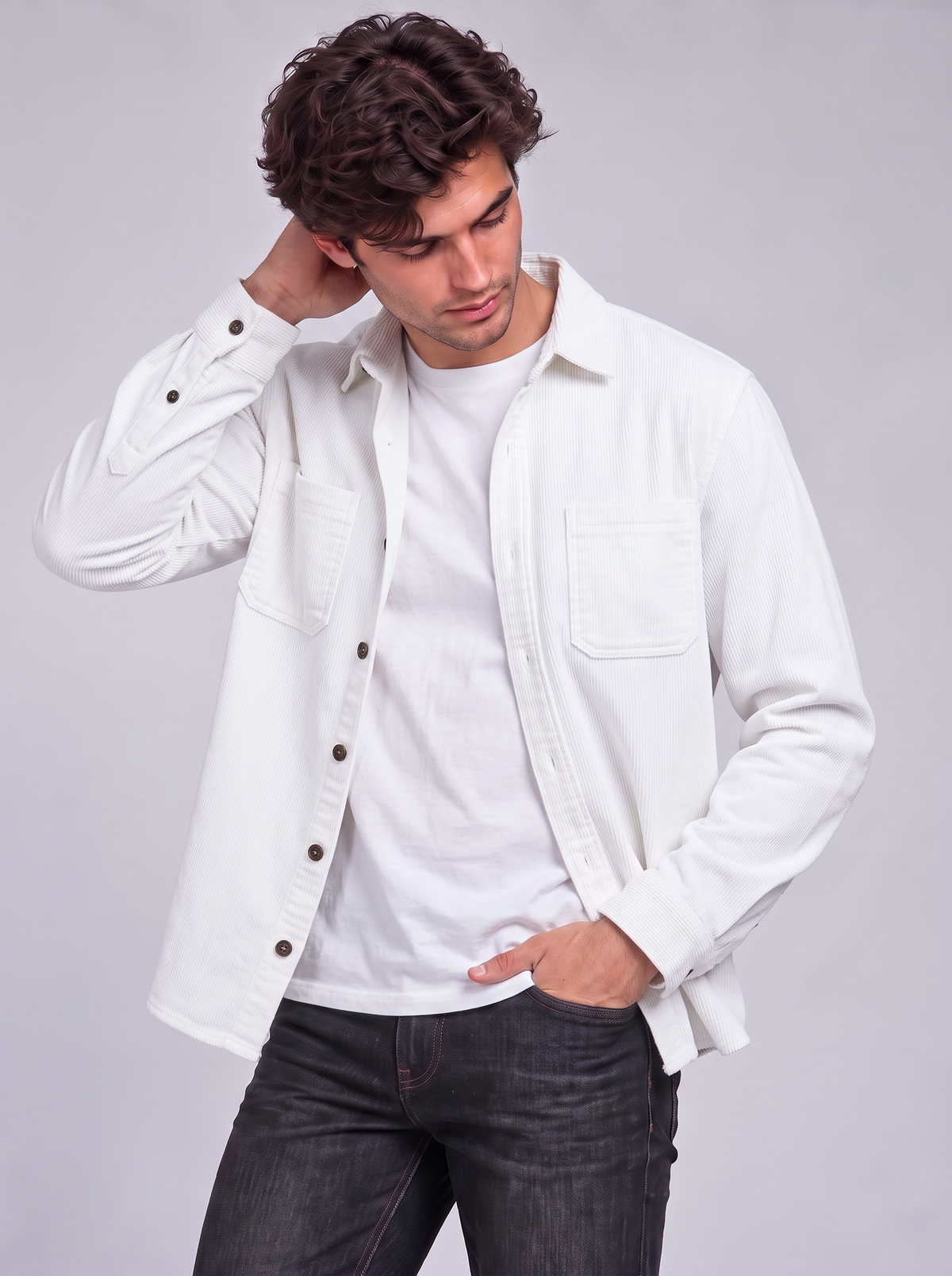 Harry | Men’s Button-Front Overshirt | Point Collar Chest Pockets Everyday Wear - white, image 19 - Glorysoul
