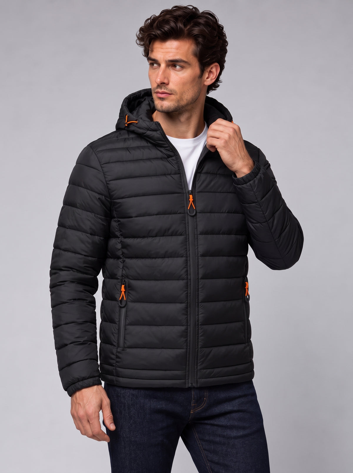 Henry | Men’s Hooded Puffer Jacket | Front Zip Side Zip Pockets Everyday Wear - black, image 09 - Glorysoul