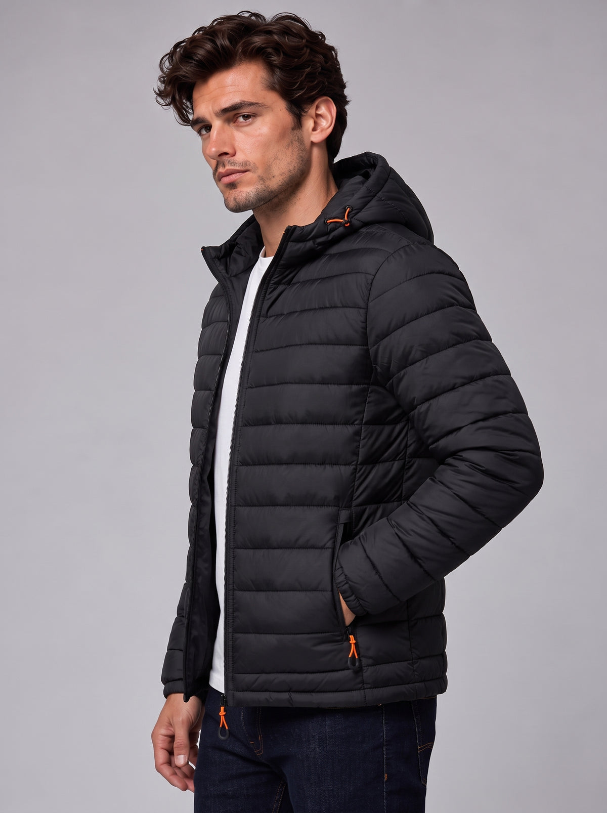 Henry | Men’s Hooded Puffer Jacket | Front Zip Side Zip Pockets Everyday Wear - black, image 11 - Glorysoul