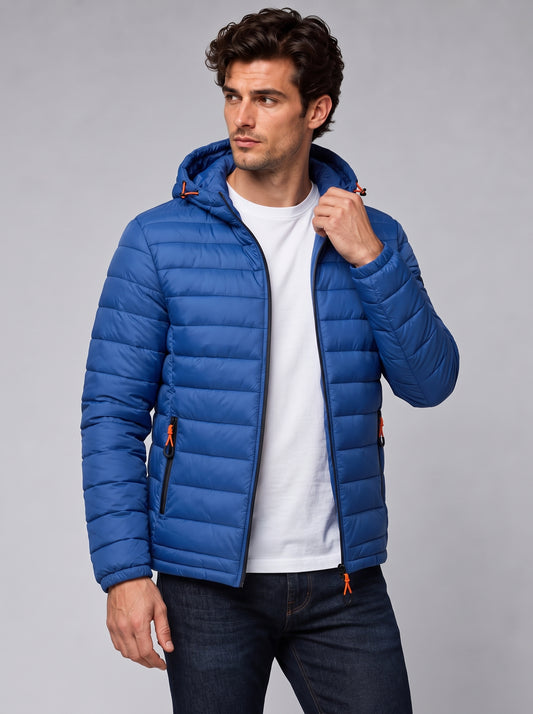 Henry | Men’s Hooded Puffer Jacket | Front Zip Side Zip Pockets Everyday Wear - blue, image 01 - Glorysoul