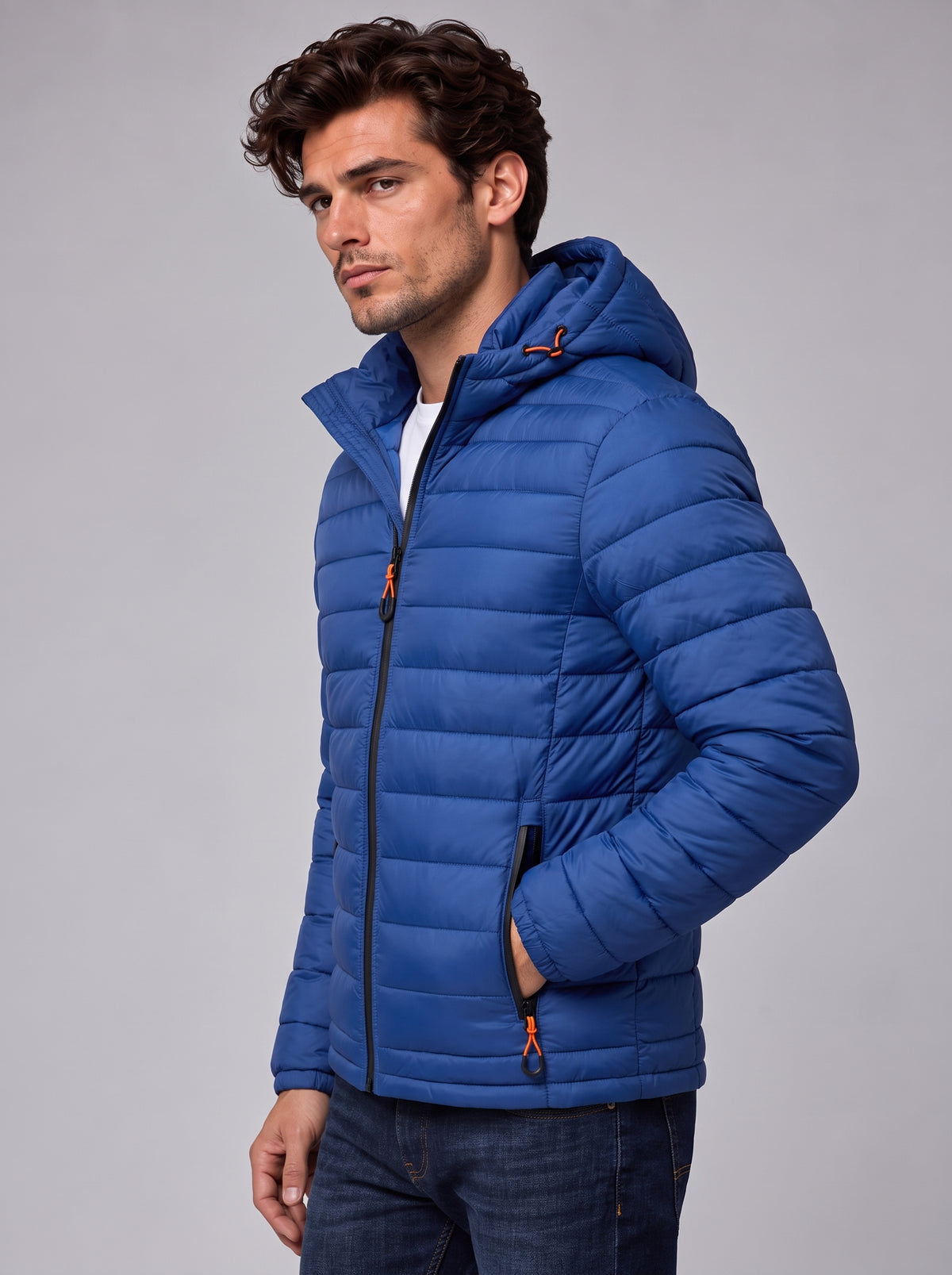 Henry | Men’s Hooded Puffer Jacket | Front Zip Side Zip Pockets Everyday Wear - blue, image 03 - Glorysoul