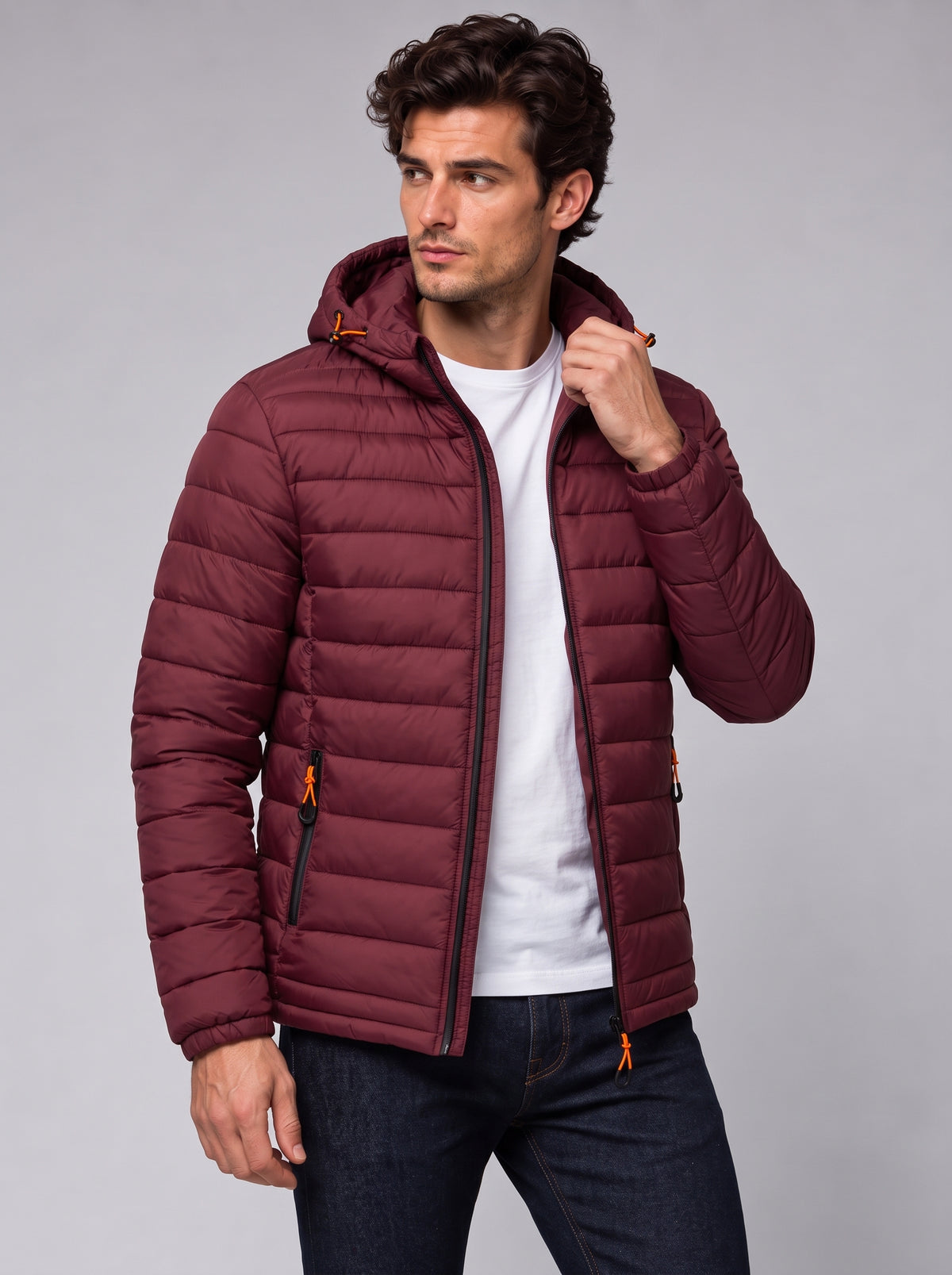 Henry | Men’s Hooded Puffer Jacket | Front Zip Side Zip Pockets Everyday Wear - dark red, image 05 - Glorysoul
