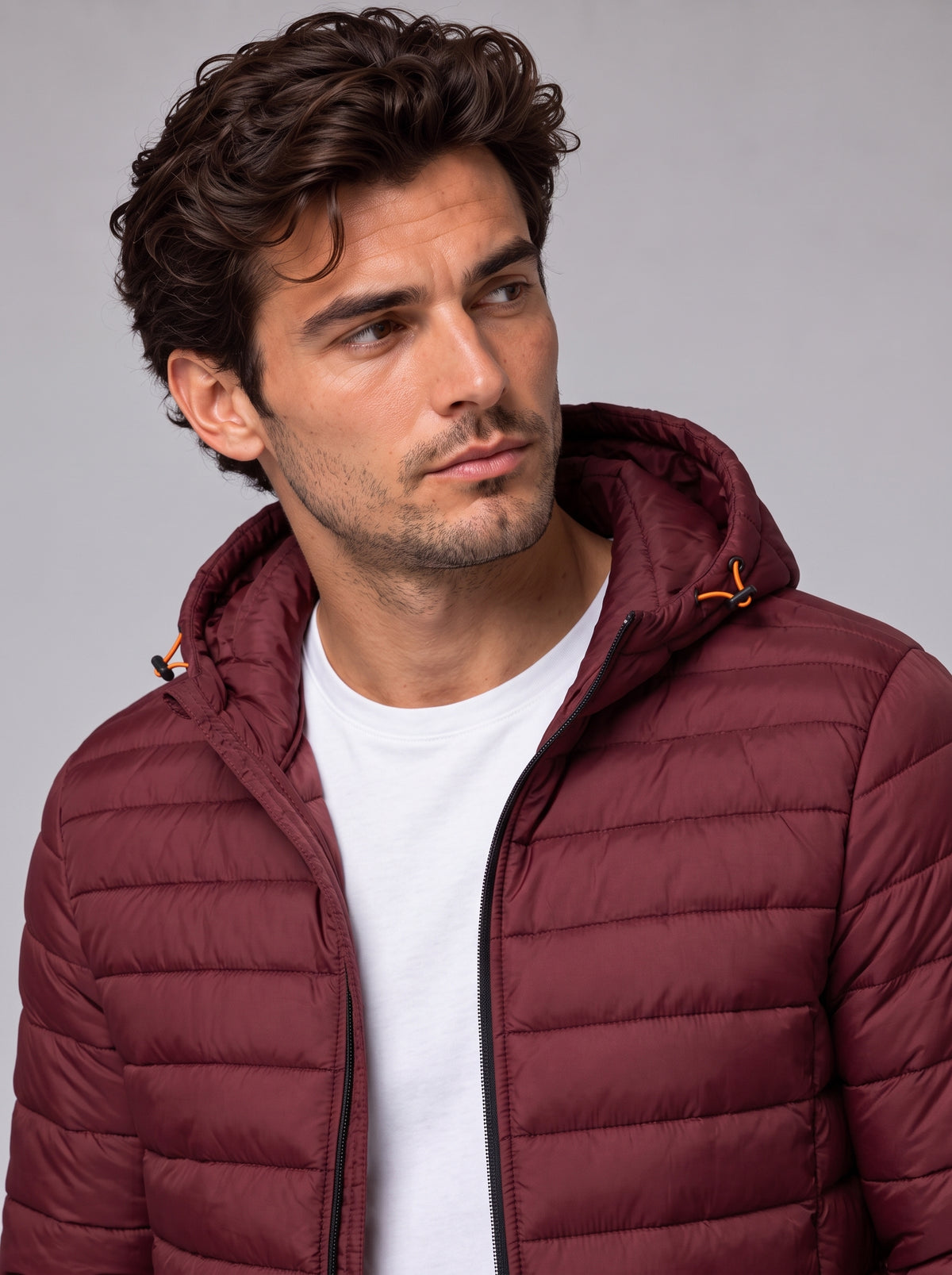 Henry | Men’s Hooded Puffer Jacket | Front Zip Side Zip Pockets Everyday Wear - dark red, image 06 - Glorysoul
