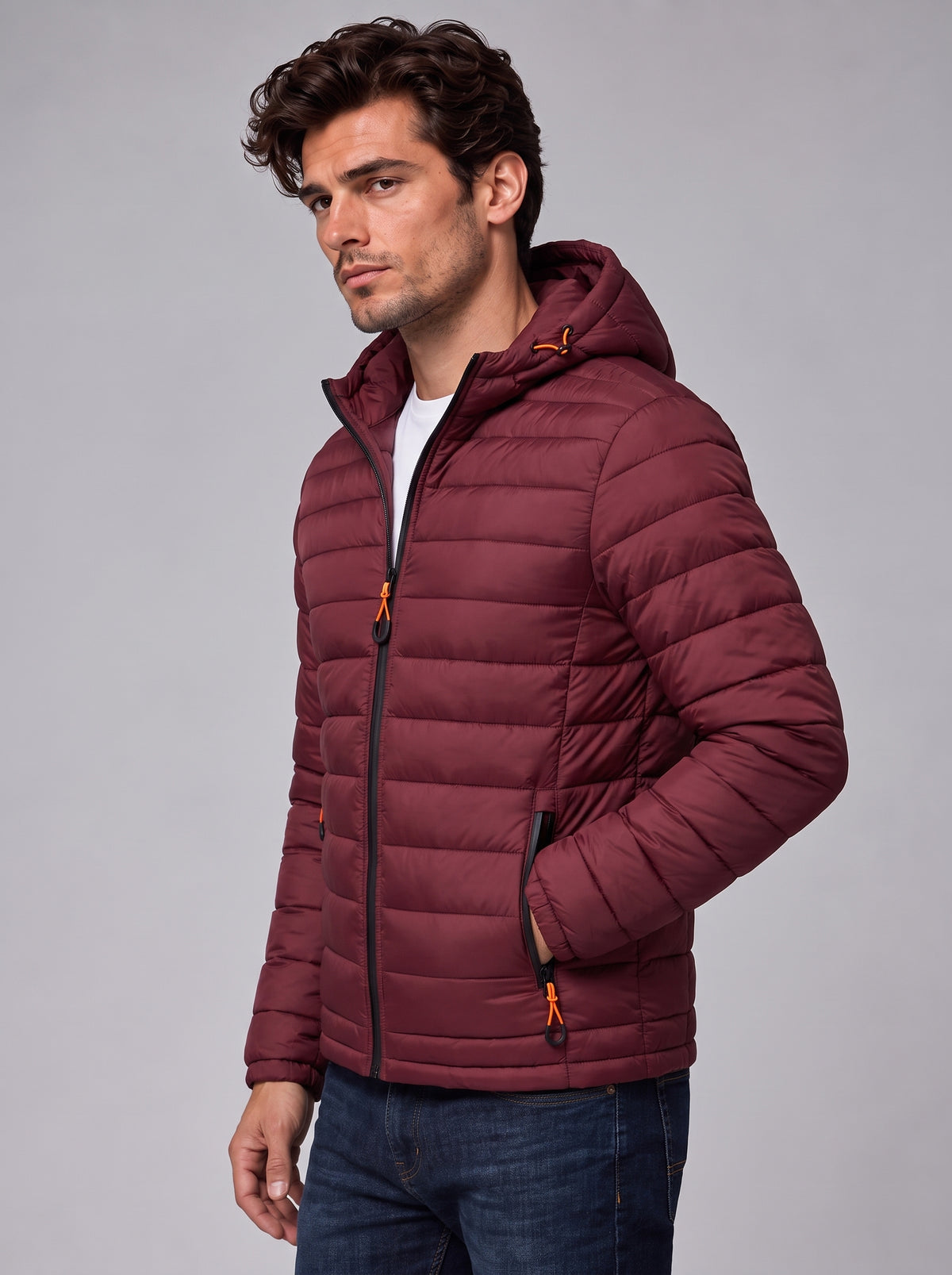 Henry | Men’s Hooded Puffer Jacket | Front Zip Side Zip Pockets Everyday Wear - dark red, image 07 - Glorysoul