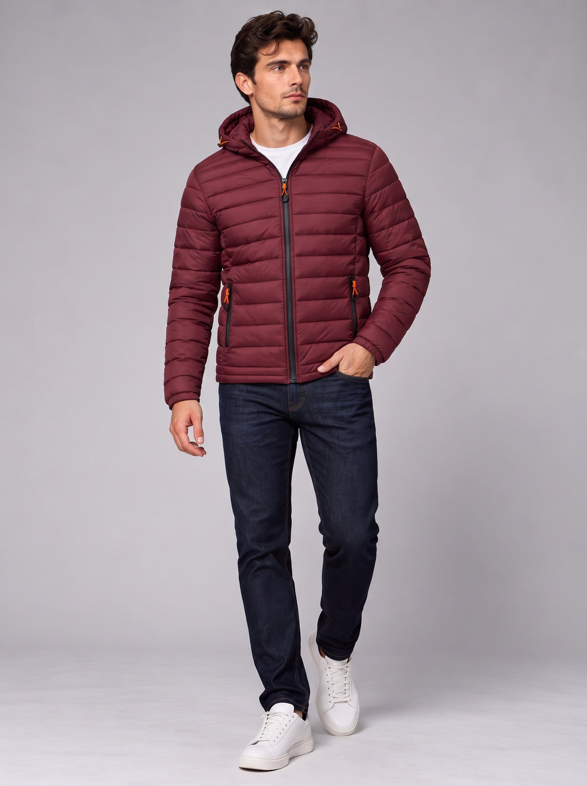 Henry | Men’s Hooded Puffer Jacket | Front Zip Side Zip Pockets Everyday Wear - dark red, image 08 - Glorysoul