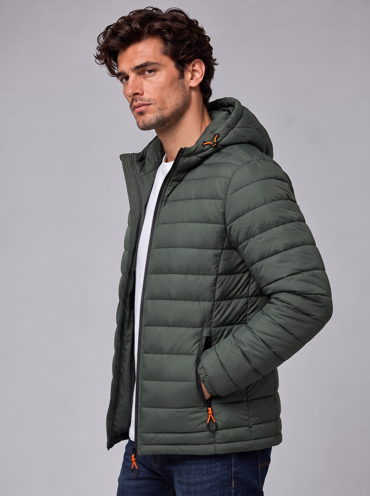 Henry | Men’s Hooded Puffer Jacket | Front Zip Side Zip Pockets Everyday Wear - fern green, image 19 - Glorysoul