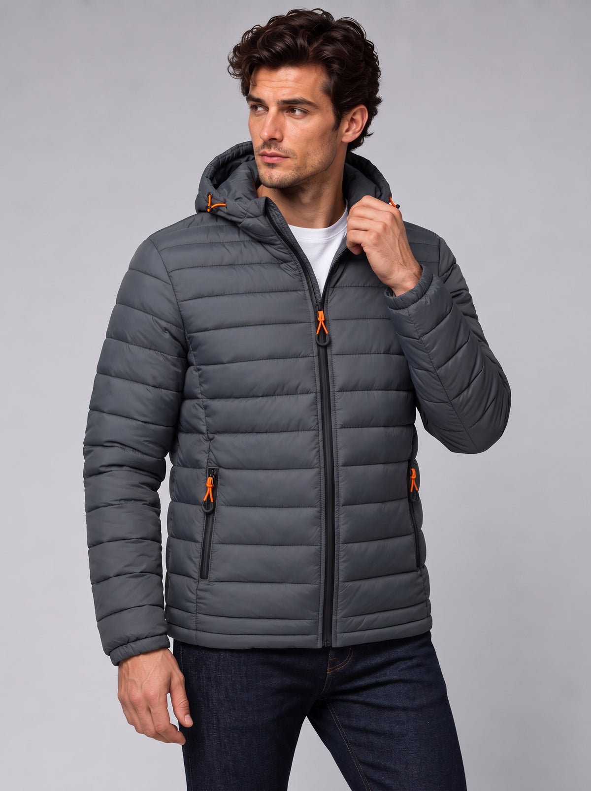 Henry | Men’s Hooded Puffer Jacket | Front Zip Side Zip Pockets Everyday Wear - grey, image 21 - Glorysoul