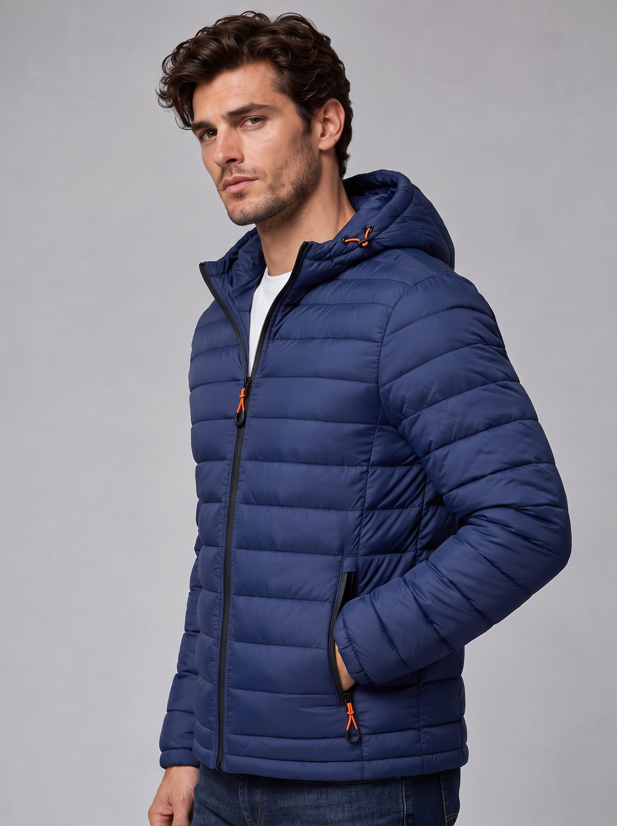 Henry | Men’s Hooded Puffer Jacket | Front Zip Side Zip Pockets Everyday Wear - navy blue, image 15 - Glorysoul