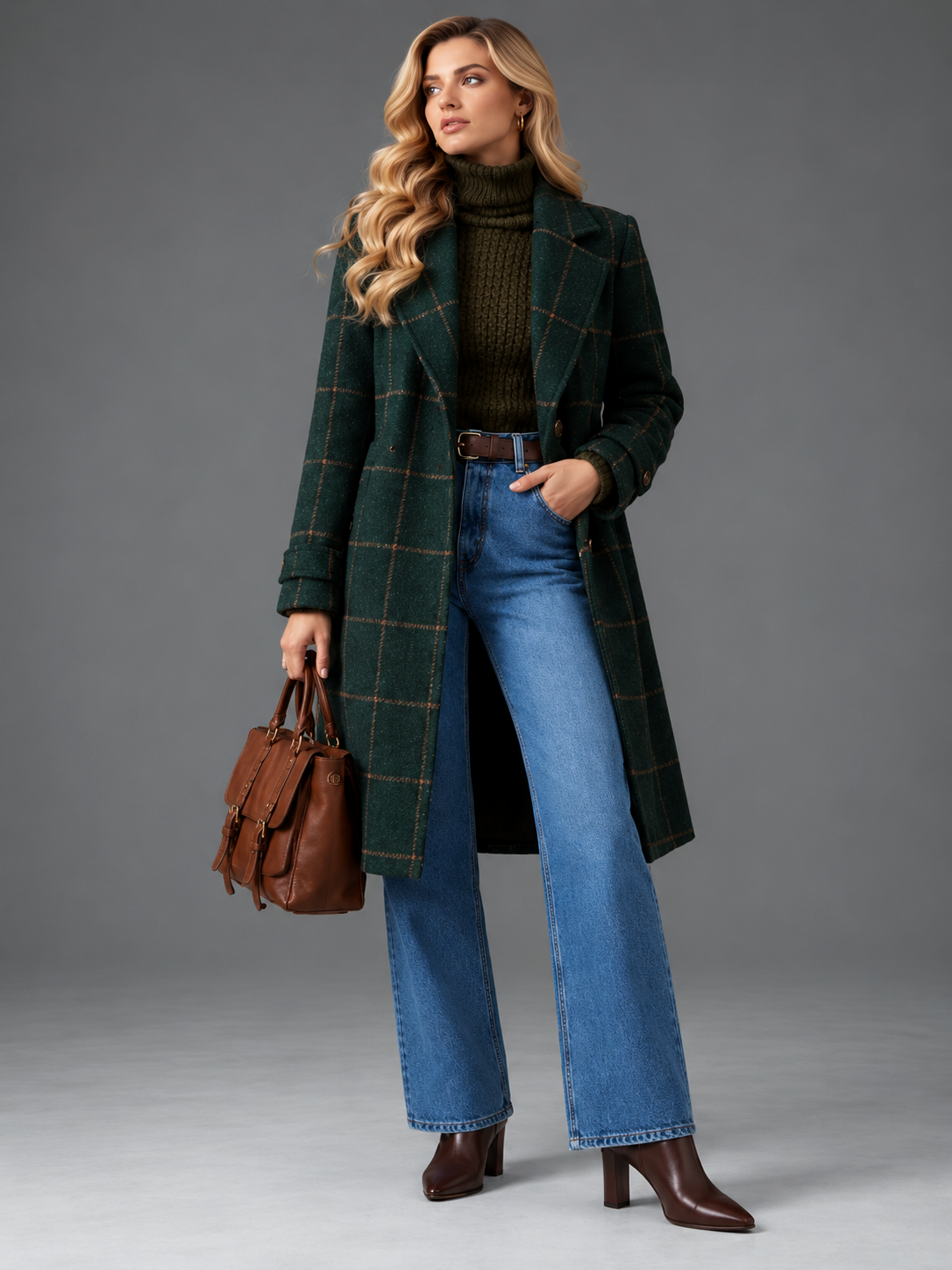 Isabella | Women’s Check Coat | Notched Lapels Side Pockets Everyday Wear - green, model view, image 01 - Glorysoul