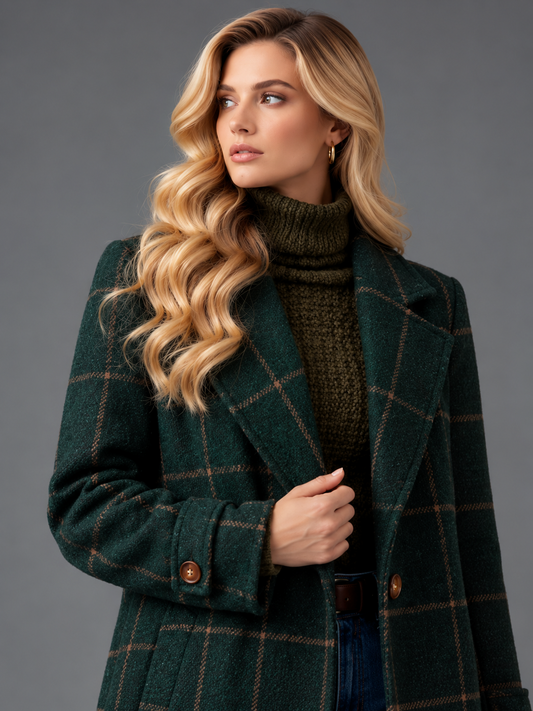 Isabella | Women’s Check Coat | Notched Lapels Side Pockets Everyday Wear - green, model view, image 02 - Glorysoul