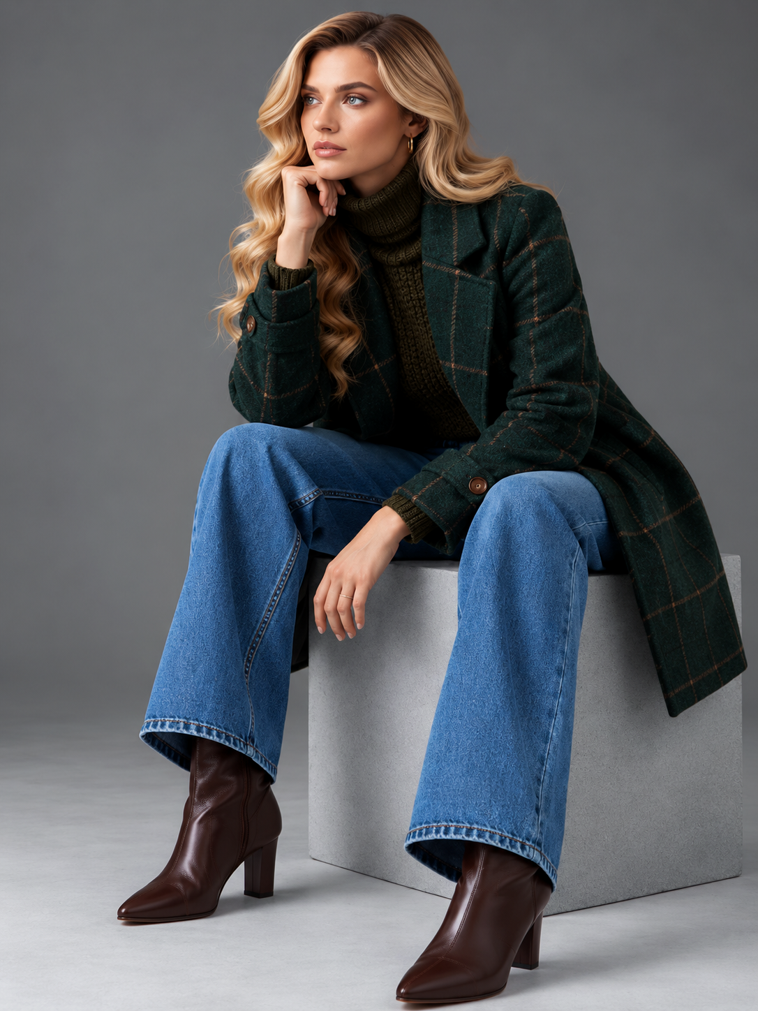 Isabella | Women’s Check Coat | Notched Lapels Side Pockets Everyday Wear - green, model view, image 03 - Glorysoul