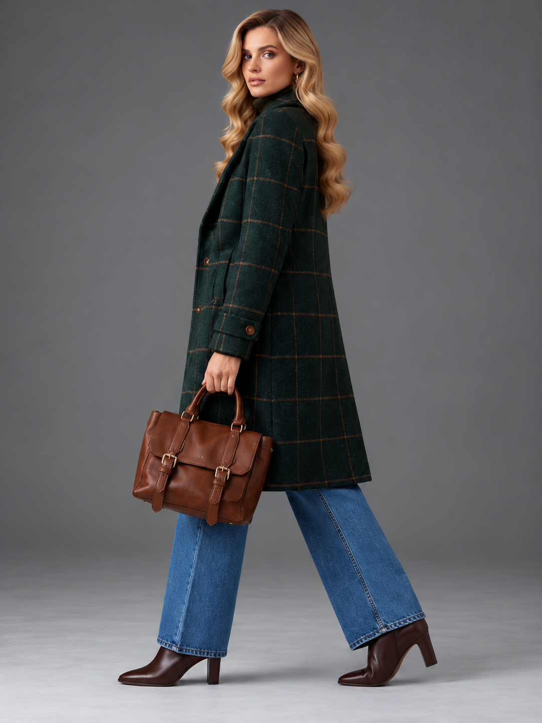 Isabella | Women’s Check Coat | Notched Lapels Side Pockets Everyday Wear - green, model view, image 04 - Glorysoul