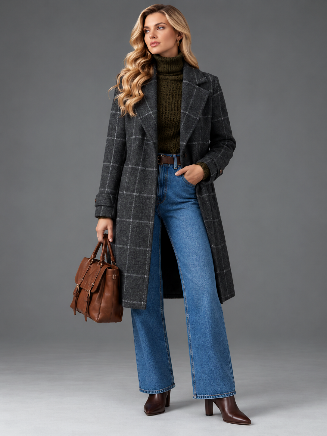 Isabella | Women’s Check Coat | Notched Lapels Side Pockets Everyday Wear - grey, model view, image 05 - Glorysoul
