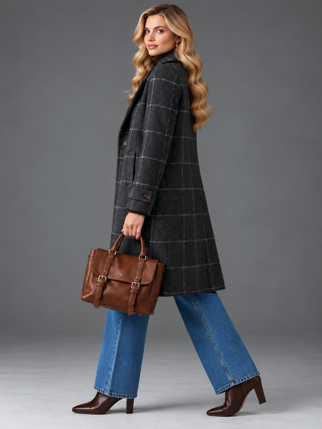 Isabella | Women’s Check Coat | Notched Lapels Side Pockets Everyday Wear - grey, model view, image 06 - Glorysoul