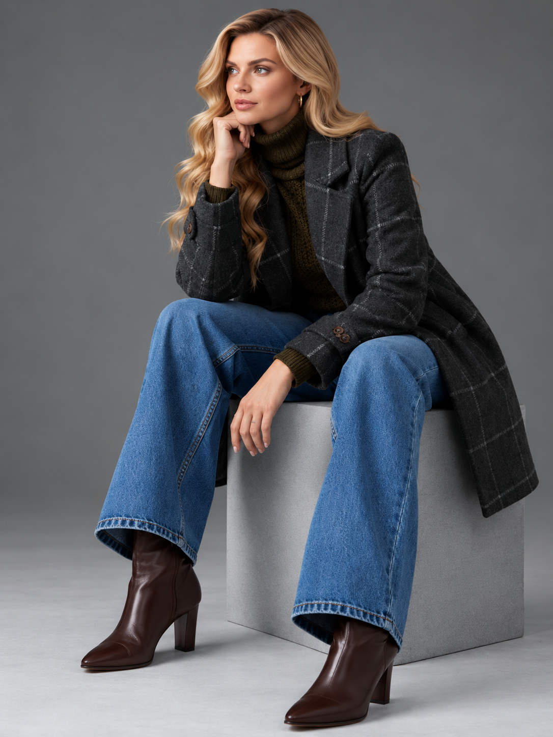 Isabella | Women’s Check Coat | Notched Lapels Side Pockets Everyday Wear - grey, model view, image 07 - Glorysoul