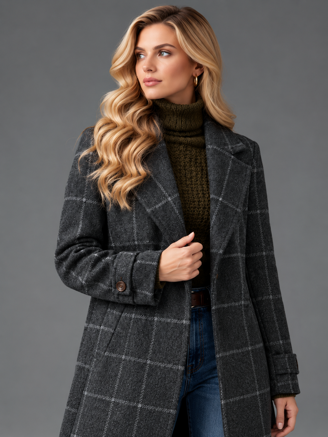 Isabella | Women’s Check Coat | Notched Lapels Side Pockets Everyday Wear - grey, model view, image 08 - Glorysoul
