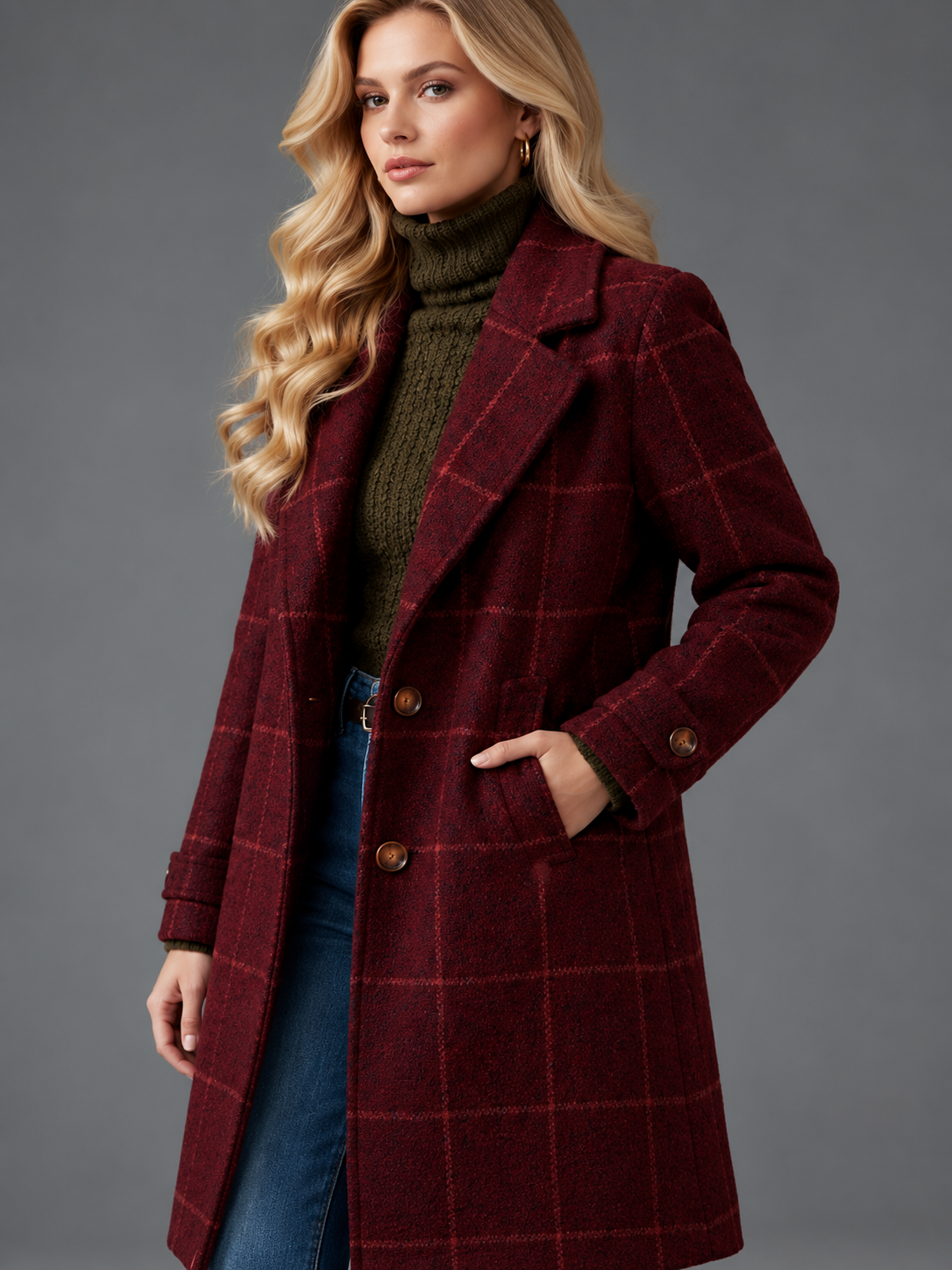Isabella | Women’s Check Coat | Notched Lapels Side Pockets Everyday Wear - burgundy, model view, image 09 - Glorysoul