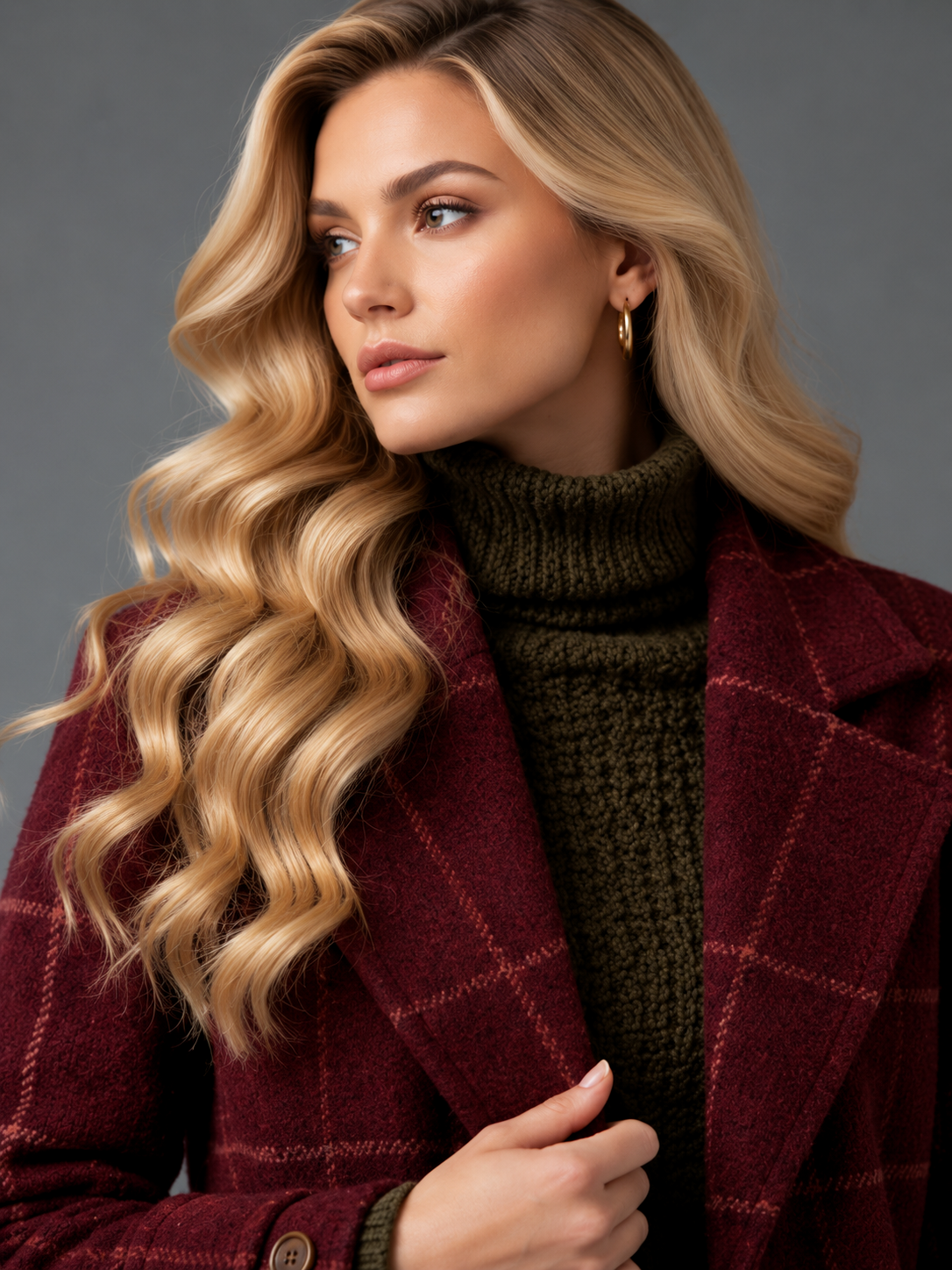 Isabella | Women’s Check Coat | Notched Lapels Side Pockets Everyday Wear - burgundy, model view, image 10 - Glorysoul