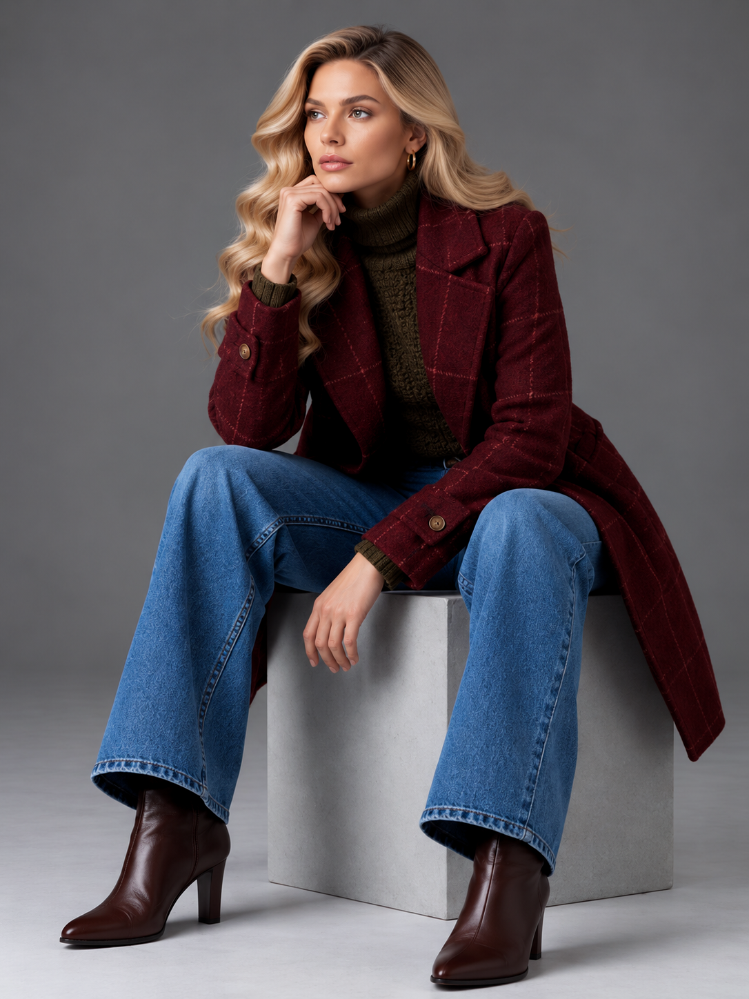 Isabella | Women’s Check Coat | Notched Lapels Side Pockets Everyday Wear - burgundy, model view, image 11 - Glorysoul