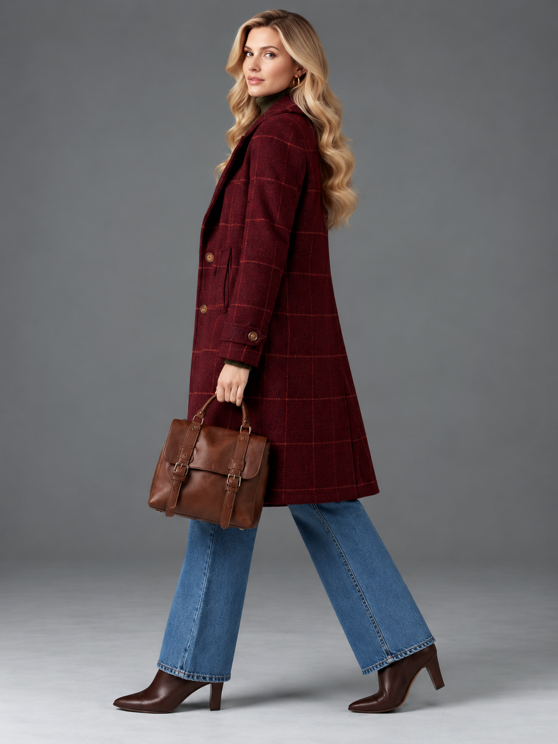 Isabella | Women’s Check Coat | Notched Lapels Side Pockets Everyday Wear - burgundy, model view, image 12 - Glorysoul